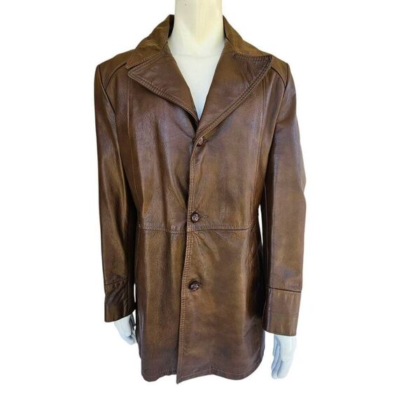 Vintage Reed Sportswear Leather Car Coat Men’s 42 Brown Button Overcoat Jacket - Picture 1 of 15